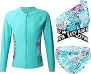 [Fldy] Kids Quick Dry Surfing Swimsuit Girls Tankini Set with Long Sleeve Rash Guard Shirts Set UPF50+ Leaf 10 Years
