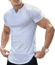 [TrndTrsure] Men's Running Work Short Sleeve Fit Male Exercise Stretch Tee Top Muscle Slim V-Neck Longline Henley Shirt, White, 3X-Large