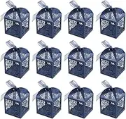 Royal Blue Wedding Candy Packaging Box Set, 100 Pcs Hollow Wedding Candy Box, Packaging for Baby Shower Birthday Party with Ribbons (Navy, 100)