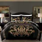 Valor 7-Piece Bed in a Bag Queen, Black/Gold Luxury Jacquard Floral Comforter...
