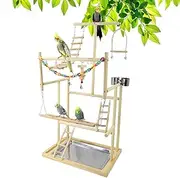 Joyeee Pet Parrot Playground, Large Parrot Perch Stand with Stainless Steel Parrot Feeding Cups Tray, Wooden Swing, Ladder, Bells, Colorful Plastic Chain for Pets Bird Play, 18.9" x 13" x 37.2" XL
