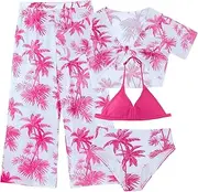 [Adigau] Avitalk Girl's 4 Piece Swimsuits Tropical Print Halter Bikini Sets Bathing Suits Tie Front Kimono Cover Up Swim Mesh Pants for 8-14Y