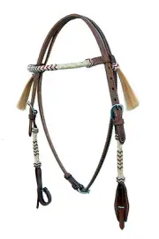 Western Natural Rolled Rawhide Braided Browband & Cheek Headstall With Tassel