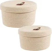 2 Pcs Cotton Rope Basket, Round Basket with Lid, Decorative Woven Storage Baskets, Portable Cotton Rope Storage Box, Multifunctional Lidded Round Basket for Organizing Snacks Yarns Keys Toys (Beige)