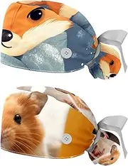 [YTYVAGT] 2-Pc,Nurse Scrub Caps,Scrub Hats with Buttons and Cotton Sweatband,Winter Cartoon Fox