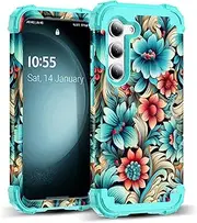 [SleekCover] for Galaxy S23 Plus Case,3 in 1 Floral Pattern Heavy Duty Shockproof Protection Soft Silicone Rubber Bumper+Hard Plastic Hybrid Protective Cover for Samsung Galaxy S23 Plus 6.6",Blue Flower