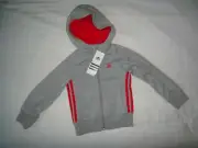 Adidas Hoodie Girls Essentials 3 Stripes Size 5-6 Mid Grey/Ray Red- New with Tag