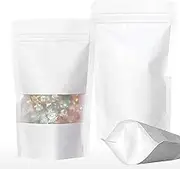 SumDirect 50pcs White Kraft Stand Up Food Bags, Zipper Reusable Packing Pouches with Transparent Window and Tear Notch Thicken Heat Sealable, for Storing Cookie, Snack Tea and Drinking (12x20CM)
