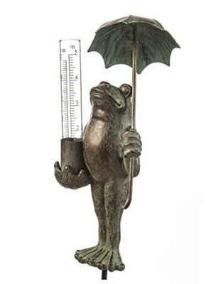 Evergreen Metal Frog Statue with Umbrella Glass Rain Gauge | Green | Garden