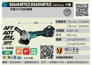 MAKITA 牧田 DGA404Z 充電式砂輪機 100mm 18V DGA404 充電 電動 砂輪機 無刷 平面砂輪機 4吋空機 【璟元五金】