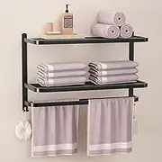 DDS-DUDES 3-Tier Black Towel Racks for Bathroom with Towel Bars Multilayer Hotel Towel Shelf Stainless Steel Wall-Mounted Matte Finished Holder with Towel Shelves 23 Inches