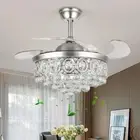 42" Crystal Ceiling Fan Indoor Light Remote Control Modern Silver LED Chandelier