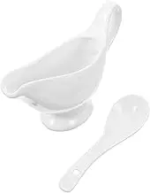 CRILSTYLEO Ceramic Gravy Boat with Deep Spoon Sauce Pitcher Spoon for Sauces Cream Milk Spices Ergonomic Design for Easy Serving Entertaining
