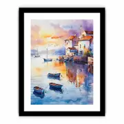 Coastal Village Watercolor Canvas Painting Print