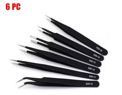 Tweezers ESD Anti-Static Stainless Steel Precision Electronic Repairs Flat x 6