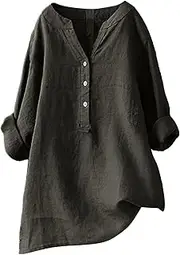 Women's Cotton Linen Tops V Neck Button Up 3/4 Sleeve Tunic Top Summer Casual Loose Lightweight Beach Vacation Tees