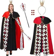 shengo Queen Adult Costume, Women's Queen Of Hearts Costume Queen Cloak Fancy Dress with Crown for Halloween Christmas World Book Day Carnival Cosplay Party