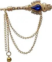 [A N KINGPiiN] AN KINGPiiN Lapel Pin for Men Gold with Blue Stone and Hanging Chain Formal Key Brooch Suit Stud, Shirt Studs Men's Accessories