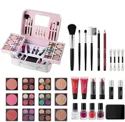 LeoLeozz Full Makeup Kit - Blush Lipstick Makeup Brush Eye Shadow Palette,Waterproof Safe Makeup Case Set for Wedding, Casual Use