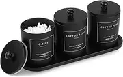 3 Pack Qtip Holder - Bathroom Organizers and Storage, Cotton Round Holder Cotton Swab Dispenser Cotton Ball Holder with Tray, Glass Apothecary Jars with Lids, Floss Pick Containers -black black