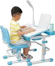 Height Adjustable Kids Desk and Chair Set, Writing Table with Eye Protection Lamp ＆ Reading Stand, Chair with Ergonomic Backrest, Blue