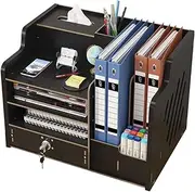 Hggzeg Updated Wooden Desktop Organiser with Drawer, Large Capacity Desk Tidy Storage Holder File Rack A4 Paper Document Sorter DIY Office Supplies Box for Home, and School (JB07-2 Black)