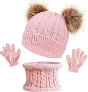 [MAKIOTEKO] 3Pcs Kids Beanie Hat Scarf Gloves Set, Toddler Winter Hat with Pom Warm Knit Neck Gaiter Fleece Lined Thermal Sets for Girls, Pink, One Size