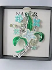 VTG Napier Brooch Flowers Floral Bouquet Turquoise Green Silver Pearls NIB