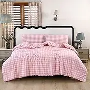 SDIII 3PCS Pink Gingham Comforter Set Full, Soft Microfiber Lightweight Striped Comforter Full, Pink Plaid Bedding Farmhouse Shabby Chic Checkered