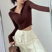 Long-Sleeve Collar Zip-Up Plain Crop Top Brown - S