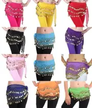 12 Pcs Belly Dance Hip Scarf Skirt Wrap 128 Gold Coins Chiffon Sequins US FAST