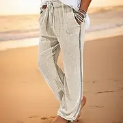 Men's Linen Pants Trousers Beach Pants Patchwork Drawstring Elastic Waist Plaid Comfort Breathable Casual Daily Holiday Fashion Classic Style White Army Green