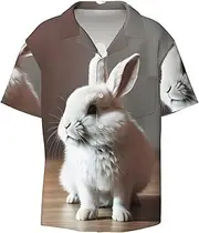 [YANYU] Cry White Rabbit Print Hawaiian Shirts Men Short Sleeve Button Down Cuban Collar Shirt Summer Beach Days