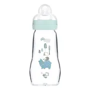 MAM Glass Baby Bottle 2 months + 2 course "Bear/Hedgehog" - Blue 260 ml