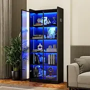 Dystler Bookcase with 2 Doors & Adjustable Shelves, Tall Storage Cabinet with LED Light/Body Sensor, 5 Tier Display Cabinet for Bedroom Living Room Office, Black