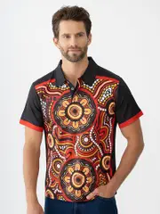 Indigenous Mens Black & Brown Print Polo