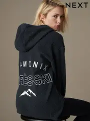 Slate Grey Apres Ski Graphic Outdoor Next Elements Hooded Teddy Borg Quarter Zip Fleece (B98642) | $46
