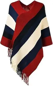 [Deerludie & T] Women's Elegant Knitted Sweater Tassels Cloak Poncho Top Stripe Fringe Cape Shawl (Fits Size XXS~XXL)