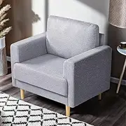 Furb Armchair - Grey Fabric Lounge Chair, Linen Reading Chair with Cushions, Armchair Sofa for Living Room, Bedroom (Natural Wood Legs)