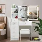Dressing Table Stool Set With Smart LED Sliding Mirror Vanity Makeup Desk White