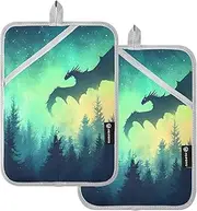 AIXIWAWA Flying Dragon Pot Holders 2 Pack, Insulated Heat Resistant Hot Pads Oven Mitts with Pocket for Kitchen Cooking Baking 7x9.8 inches