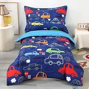 Wowelife Car Toddler Bedding Sets for Boys 4 Piece Blue Vehicle Toddler Bed Sheet Sets Bed-in-a-Bag Comforter Set for Kids Boys Girls with Comforter, Flat Sheet, Fitted Sheet and Pillowcase