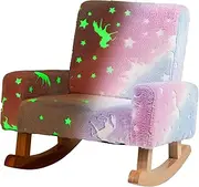 HONEY JOY Kids Rocking Chair, Upholstered Flannel Children Rocker with Solid Poplar Wood Rocking Feet, Glow in The Dark, Comfy Backrest & Armrests, Armchair for Kid’s Playroom (Multi Color)