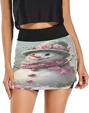 [RPLIFE] Snowman Pink Roses Active Mini Skirt, Womens High Waisted Golf Skort, Skirts for Work