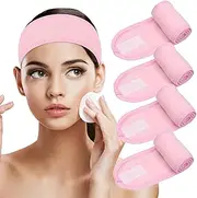 Spa Facial Headband Head Wrap Adjustable Terry Cloth Hair Band 4 Counts Stretch Towel for Washing Face, Skincare，Shower, Facial Mask Bath, Makeup and Sport (Pink 4 Pack)