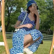 Short-Sleeve Floral Midi Dress/Mini Dress Mini A-Line Dress - Blue - XL
