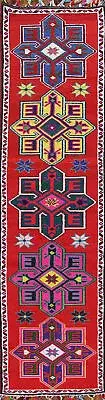 Natural Dye Bohemian Anatolian Turkish 14' Runner Rug Hand-Knotted Red 3x14 ft