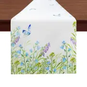 13 X 72 Inch Spring Flowers Butterfly Table Runner, Farmhouse Burlap Daisy