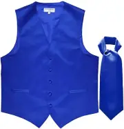 New Men's Solid Tuxedo Vest Waistcoat & Ascot Cravat Royal Blue Wedding