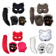 Foxes Tail Plush Face Cover Furry Paws Gloves for Halloween Cosplay Dress Up